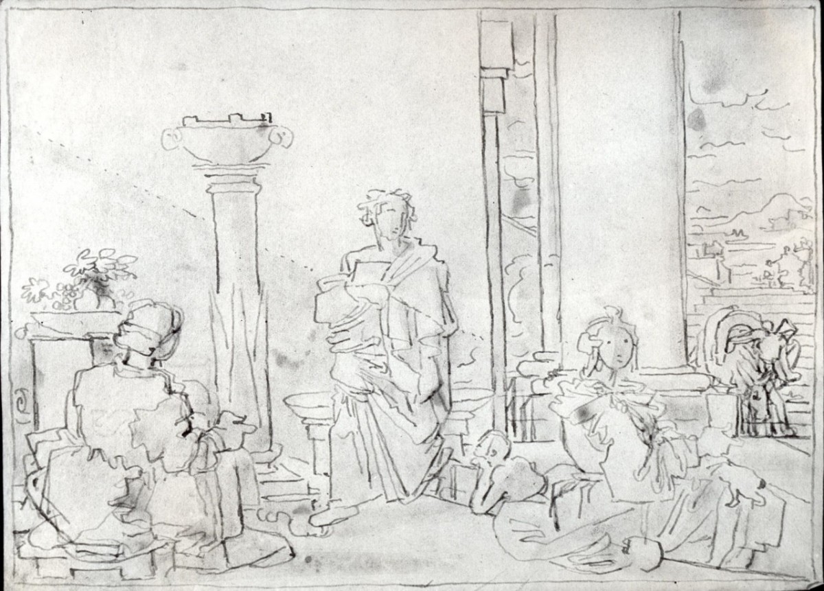 scena all'aperto con figure all'antica, una al centro, due donne sedute alle estremità (disegno) di Duranti Fortunato (prima metà sec. XIX)
