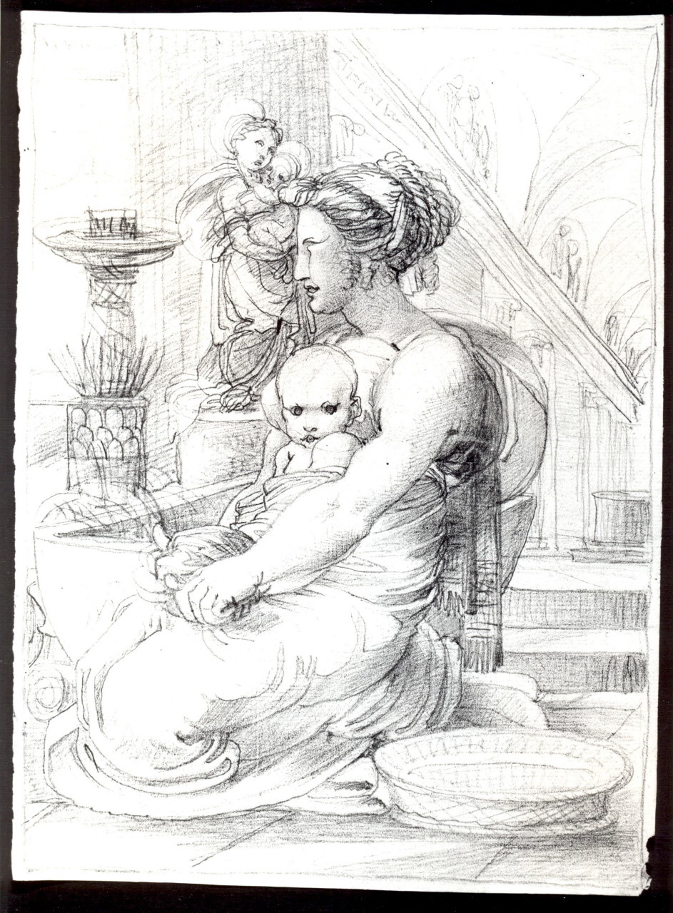 scena con una donna con un bimbo inginocchiata in primo piano, sul fondo una statua di una Madonna con il Bambino (disegno) di Duranti Fortunato (prima metà sec. XIX)