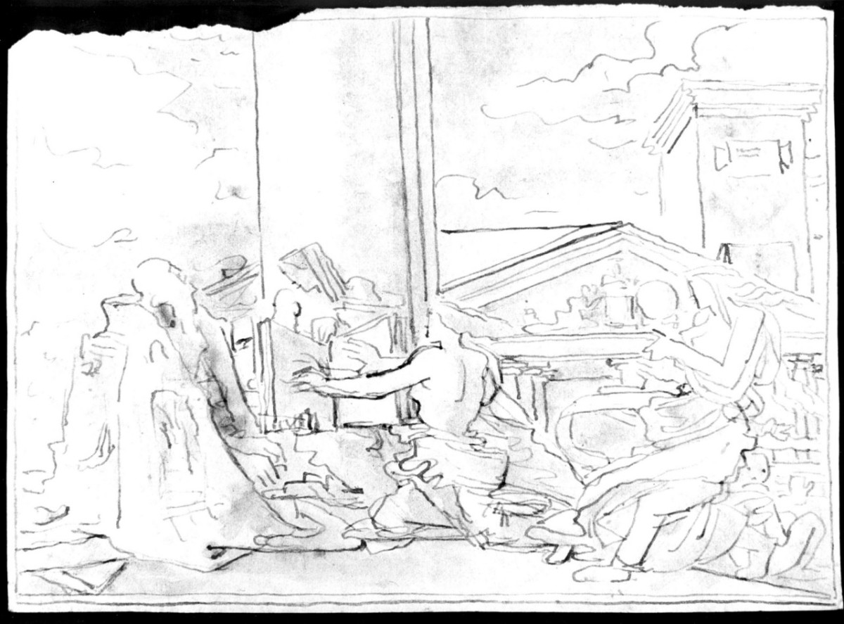 scena con edifici classici, un vecchio a sinistra e donne (disegno) di Duranti Fortunato (prima metà sec. XIX)