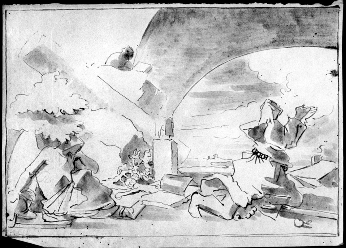 scena con un giovane in preghiera e una donna (disegno) di Duranti Fortunato (prima metà sec. XIX)