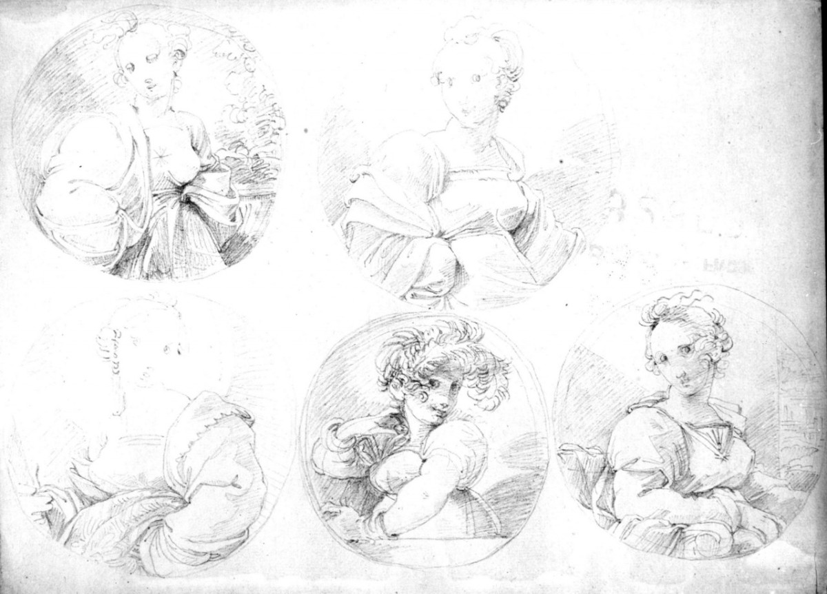 cinque tondi con donne a mezzo busto (disegno) di Duranti Fortunato (prima metà sec. XIX)