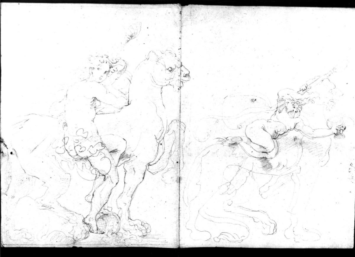 figura femminile che sale su una leonessa, leonessa che porta sul dorso una figura femminile (disegno) di Duranti Fortunato (prima metà sec. XIX)