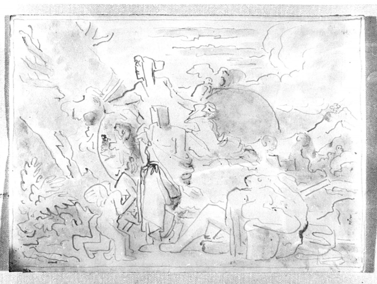 scena all'aperto con figure classiche, al centro una con uno scudo (disegno) di Duranti Fortunato (prima metà sec. XIX)