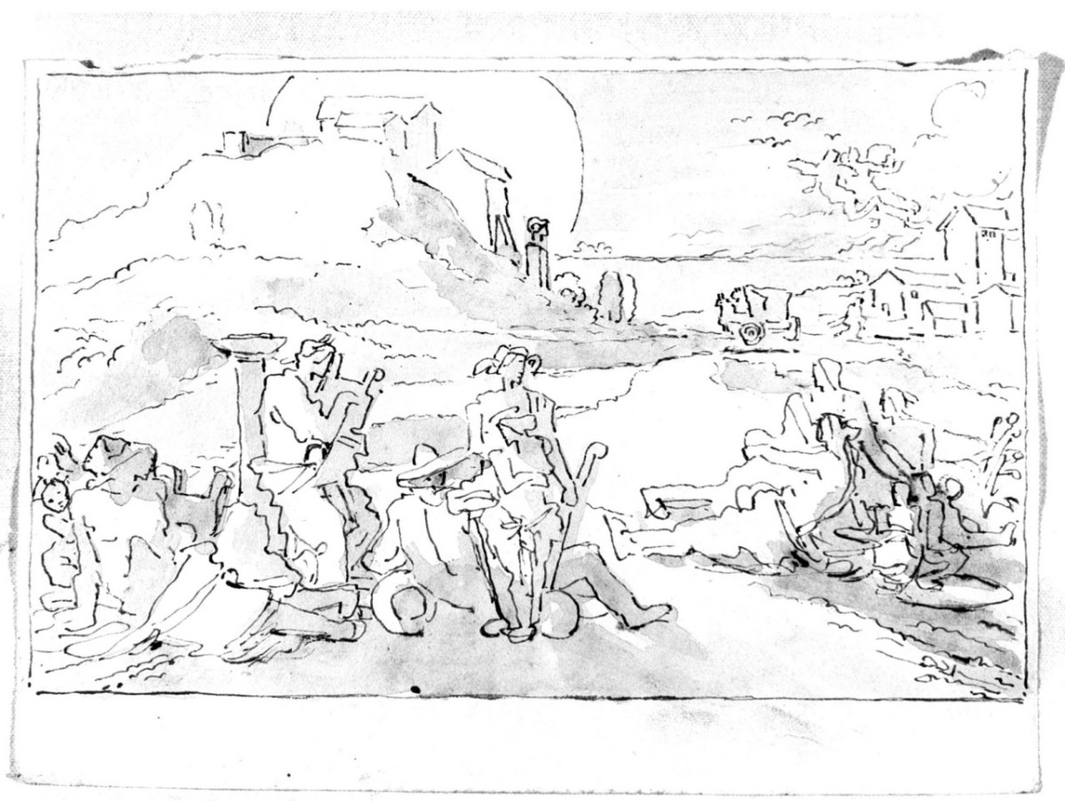 paesaggio con figure che suonano e case sul fondo (disegno) di Duranti Fortunato (prima metà sec. XIX)