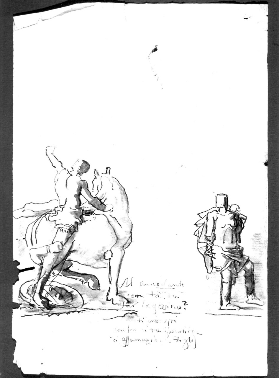 un giovane a cavallo, una figura seminuda, recto// una coppia seduta in abiti settecenteschi (disegno) di Duranti Fortunato (prima metà sec. XIX)