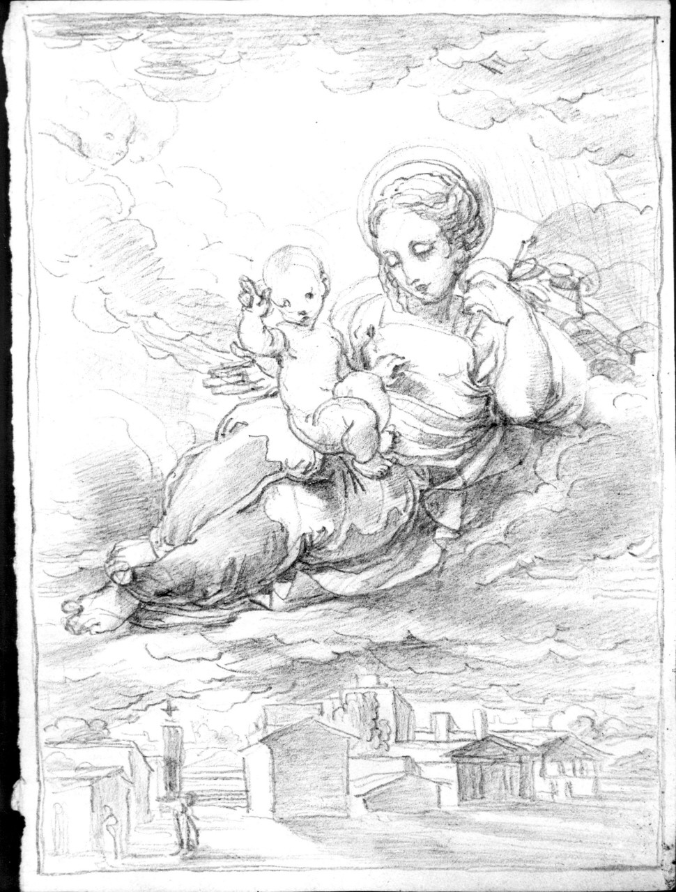 Madonna con Bambino in cielo, ai suoi piedi una città (disegno) di Duranti Fortunato (prima metà sec. XIX)
