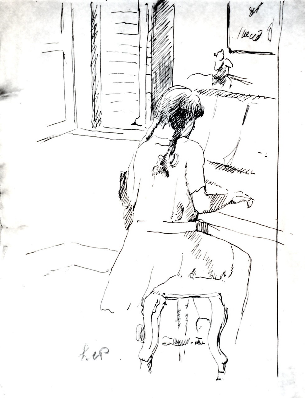 bambina al pianoforte (disegno) di Cecchi Pieraccini L (secondo quarto sec. XX)