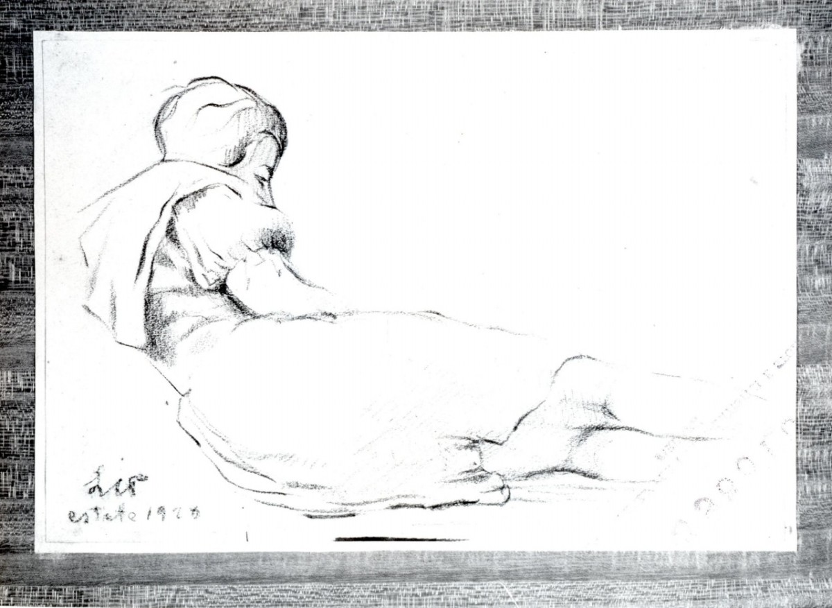 donna semisdraiata di spalle, forse Anna Banti (disegno) di Cecchi Pieraccini L (sec. XX)