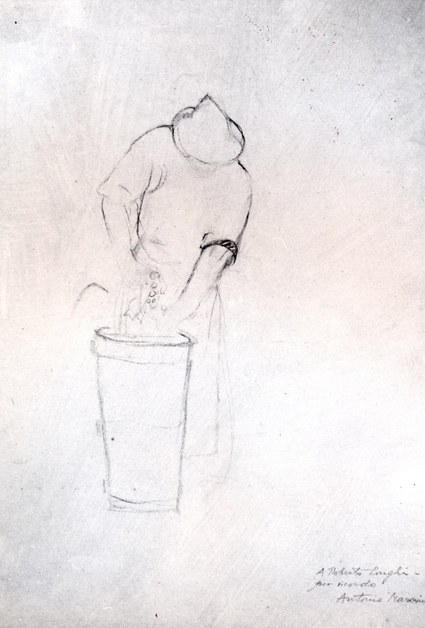 contadino che mette un grappolo d'uva in un tino (disegno) di Maraini Antonio (metà sec. XX)