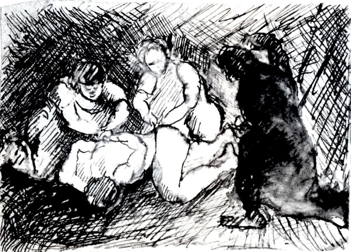 tre donne che assistono un uomo ferito (san Sebastiano) (disegno) di Socrate Carlo (metà sec. XX)