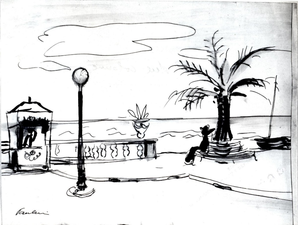 lungomare con un'edicola, un lampione, una palma e una persona seduta su una panchina (disegno) di Paulucci delle Roncole Enrico (metà sec. XX)