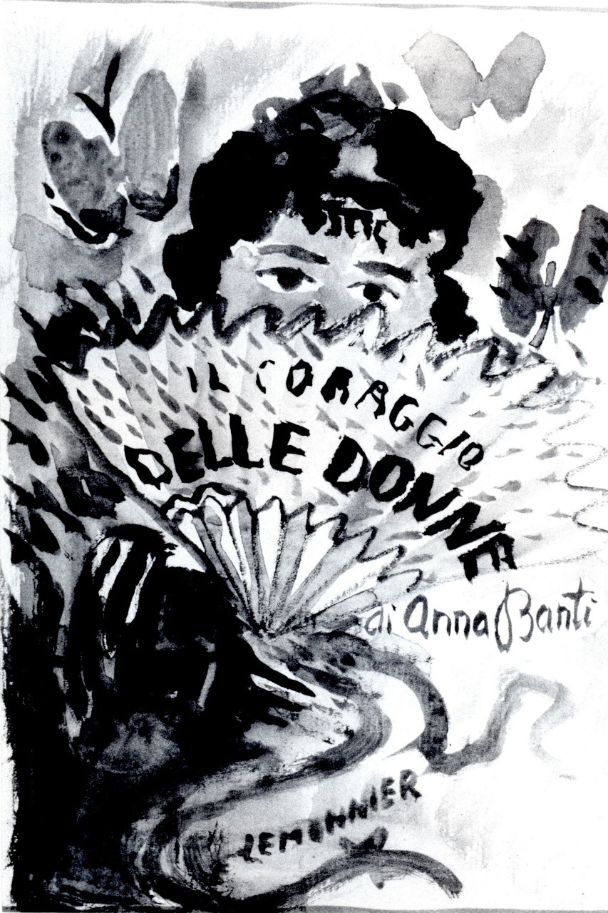 volto di donna con un ventaglio sul quale è scritto: "Il coraggio delle donne di Anna Banti. Lemonnier" (disegno) di Maccari Mino (metà sec. XX)