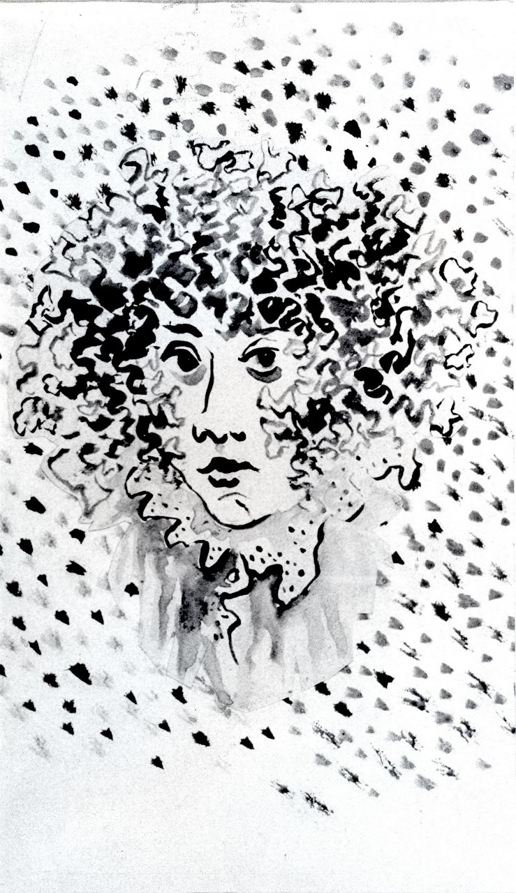 testa di donna con capelli ricci e colletto di pizzo su fondo puntinato (disegno) di Maccari Mino (metà sec. XX)