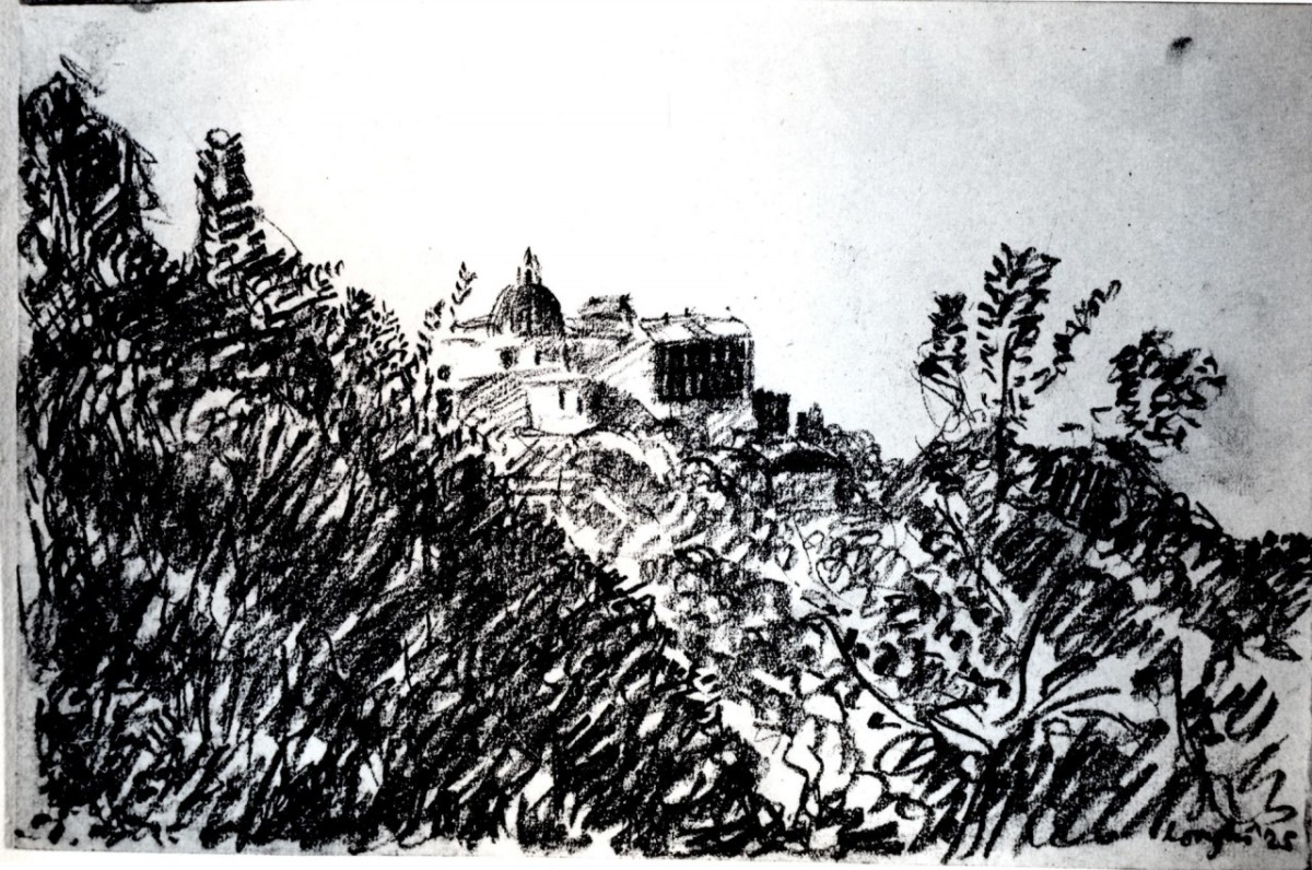 paesaggio collinare con veduta di Castelgandolfo (disegno) di Longhi Roberto (sec. XX)