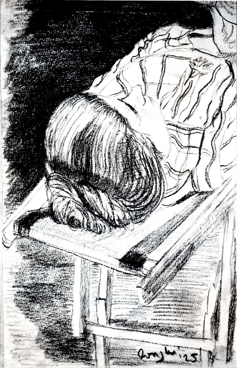 ritratto di Anna Banti su una sdraio, la nuca in primo piano (disegno) di Longhi Roberto (sec. XX)