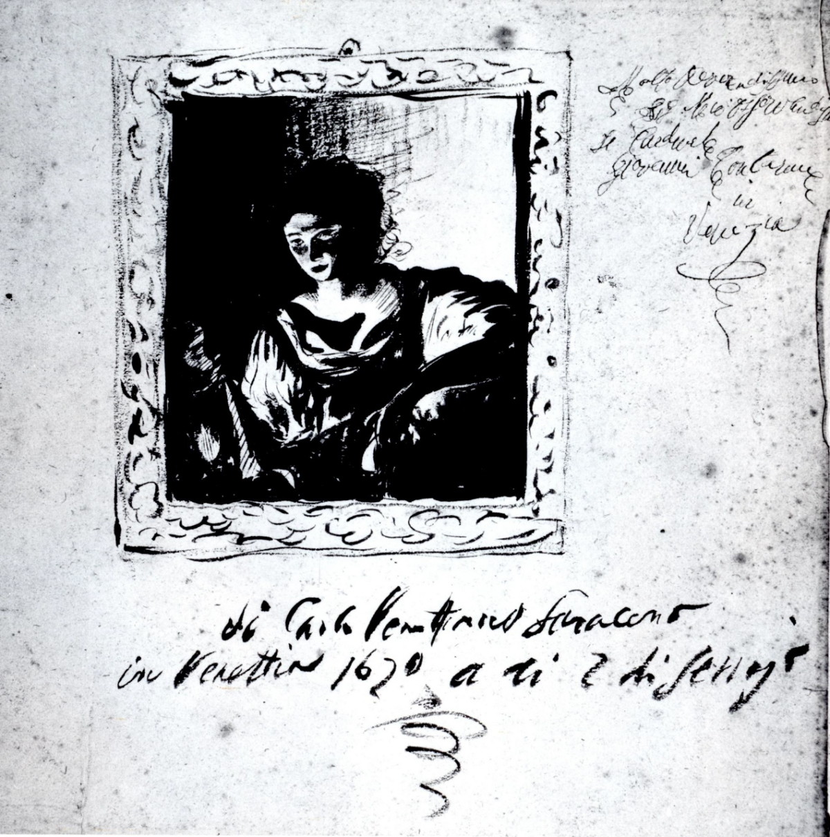 Giuditta con la testa di Oloferne, con cornice e scritte in grafia settecentesca (copia da Carlo Saraceni) (disegno) di Longhi Roberto (secondo quarto sec. XX)