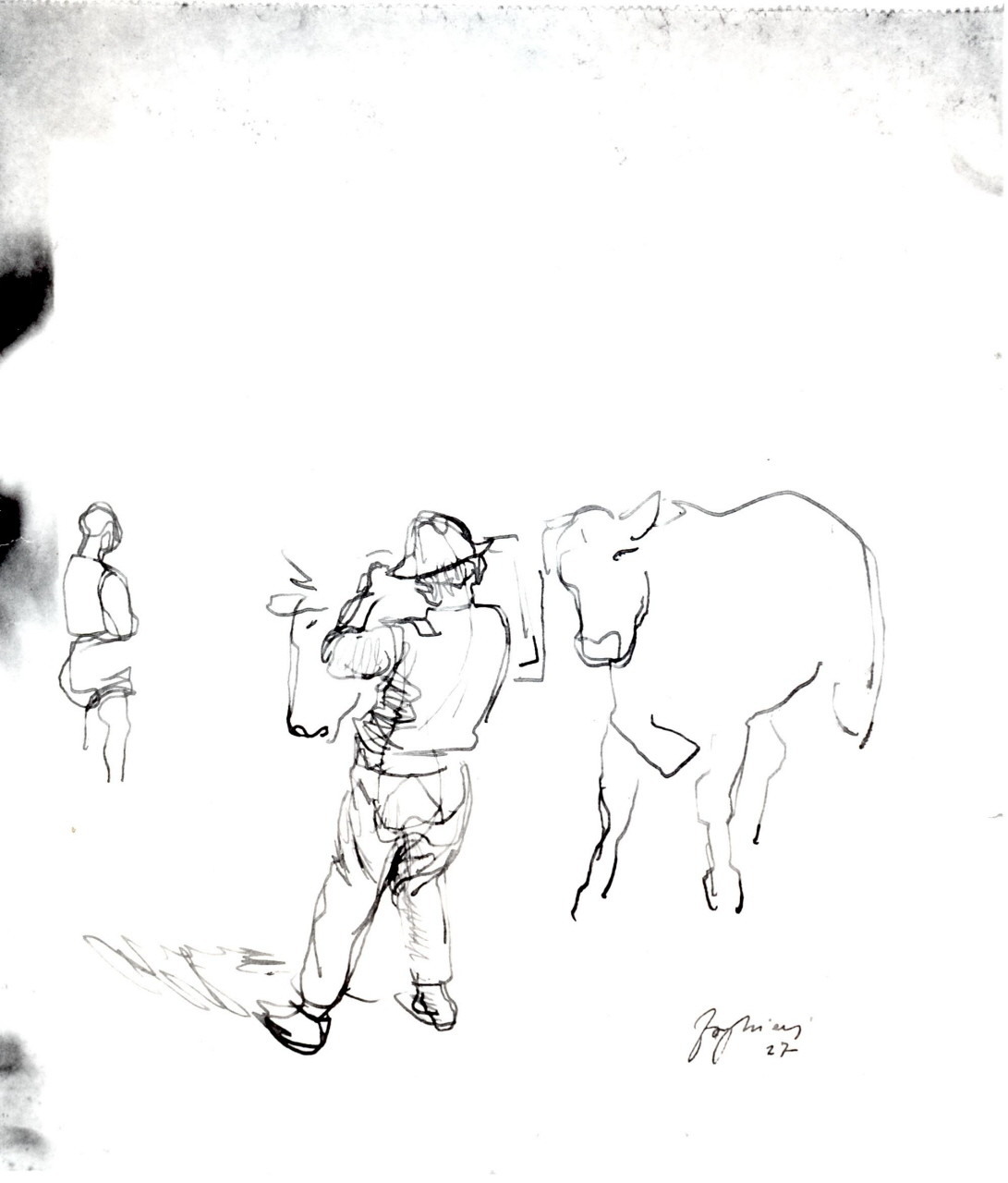 due uomini e due buoi (disegno) di Forghieri Giannetto (sec. XX)