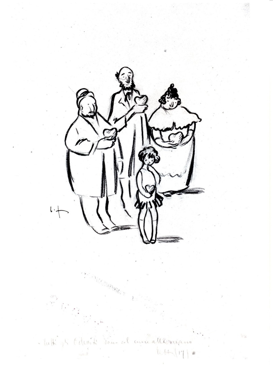 due uomini, una donna e un bambino, tutti con il cure in mano (disegno) di Fabiano B (primo quarto sec. XX)