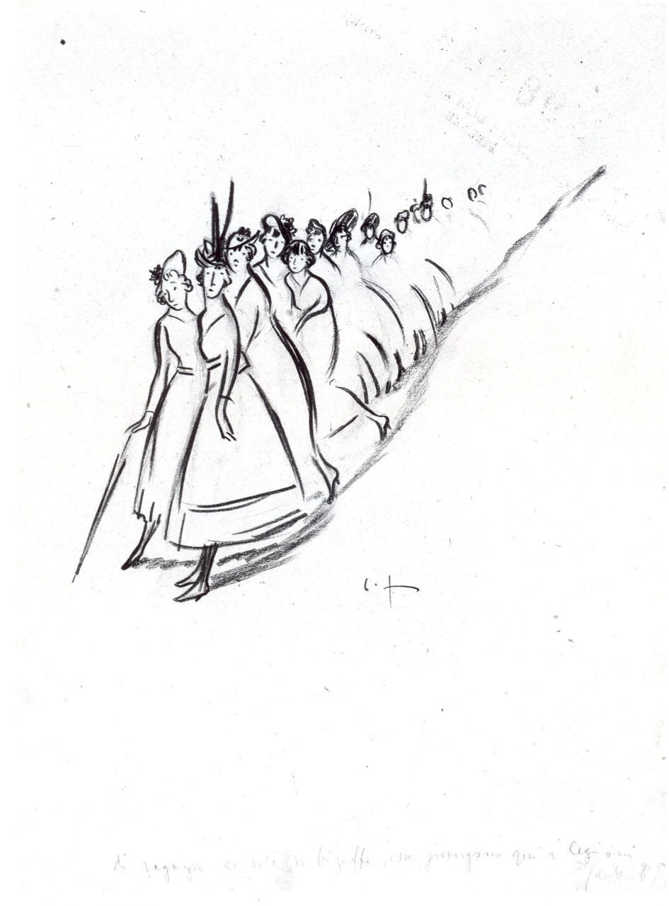 donne in fila (disegno) di Fabiano B (primo quarto sec. XX)