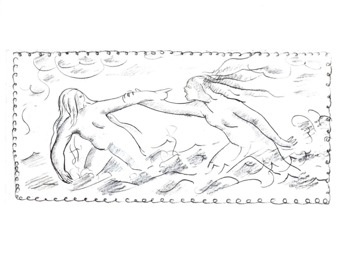 due figure femminili nude che camminano nel mare (disegno) di Longhi Roberto (secondo quarto sec. XX)