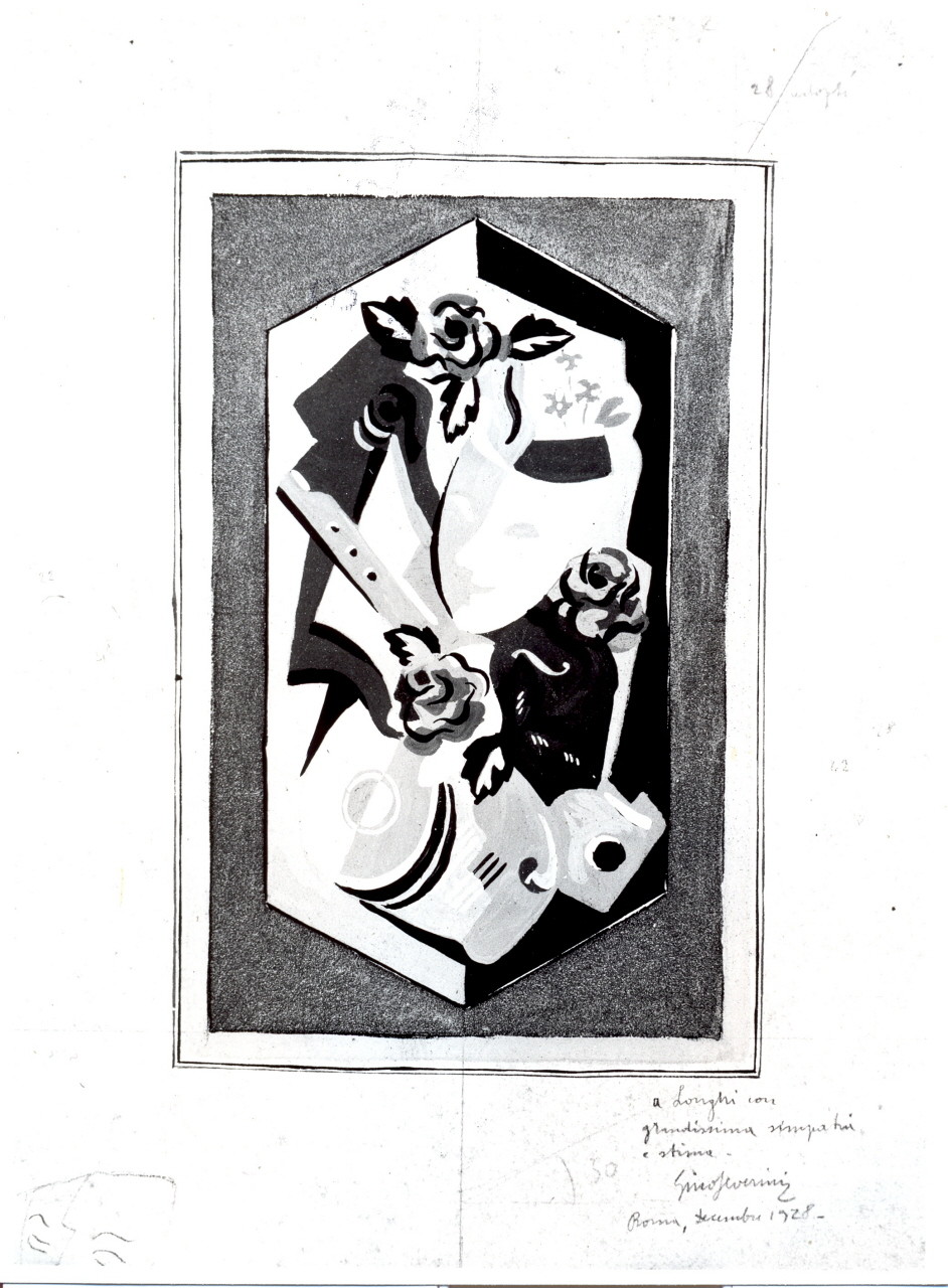 strumenti musicali e una maschera (disegno) di Severini Gino (sec. XX)