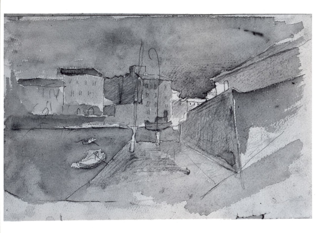 veduta di case e porto con una barca (disegno) - ambito italiano (secondo quarto sec. XX)