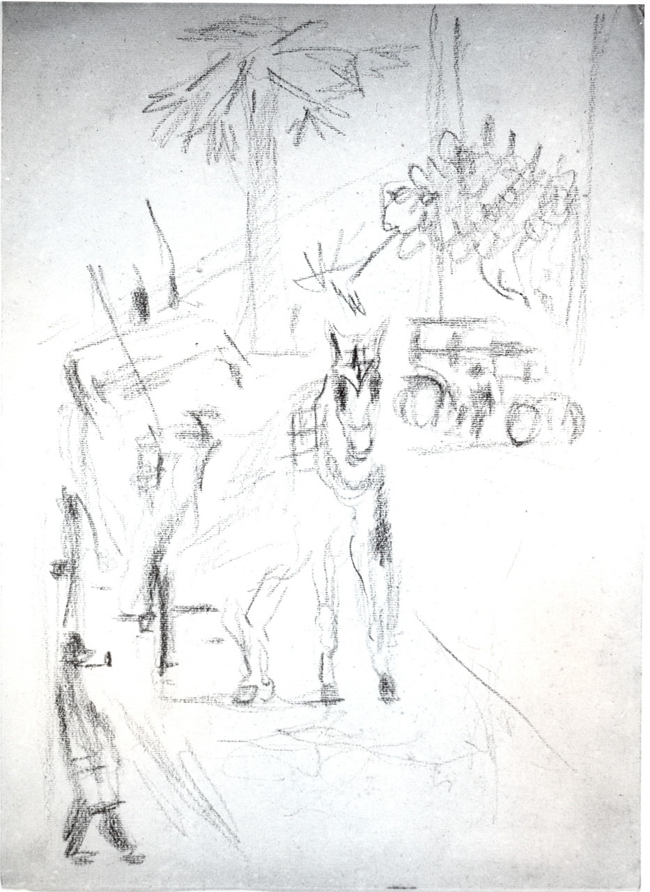 strada con una carrozzella con il cavallo e una macchina (disegno) - ambito italiano (secondo quarto sec. XX)