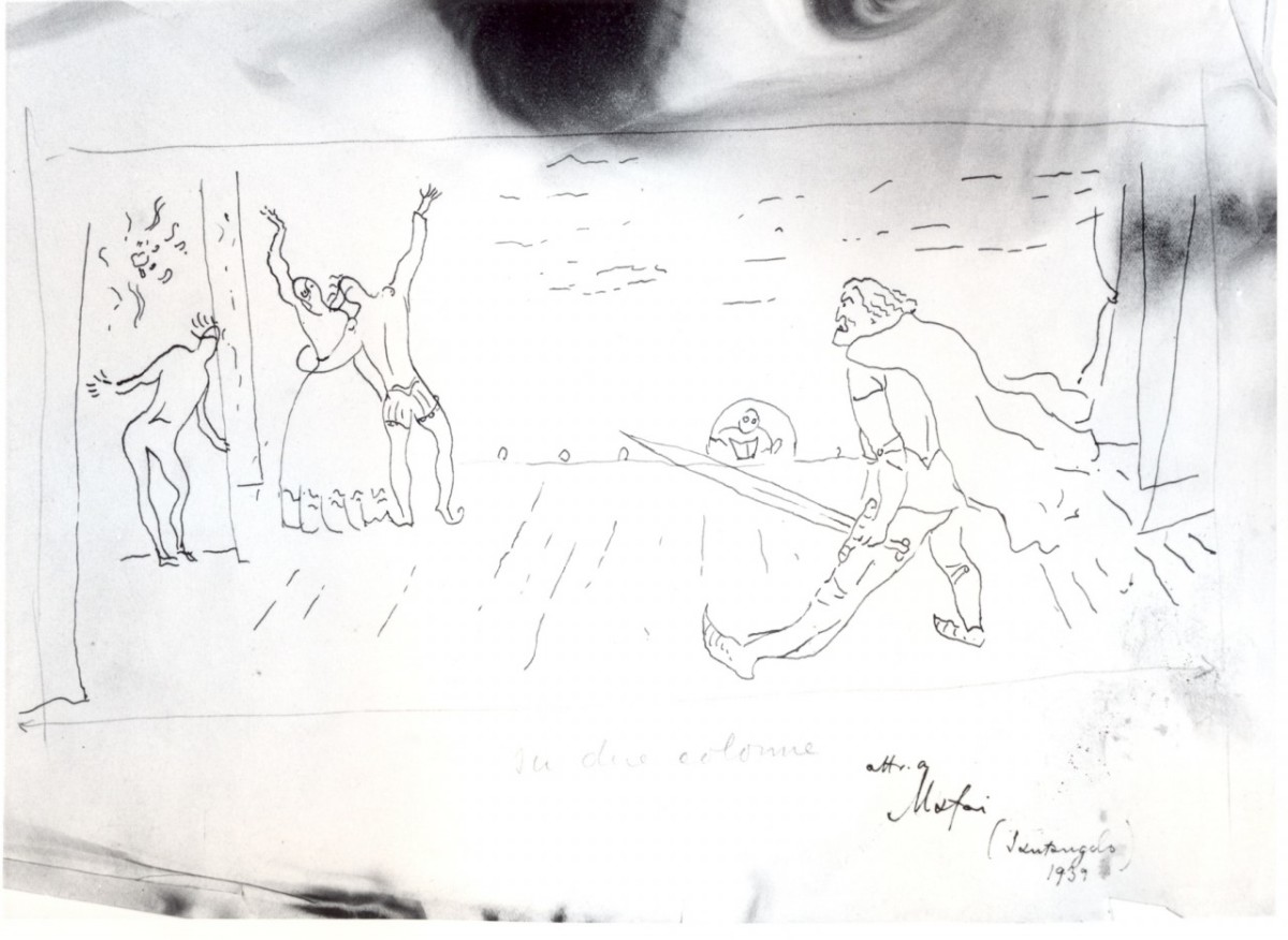 palcoscenico con un guerriero e tre figure (disegno) di Mafai Mario (attribuito) (secondo quarto sec. XX)