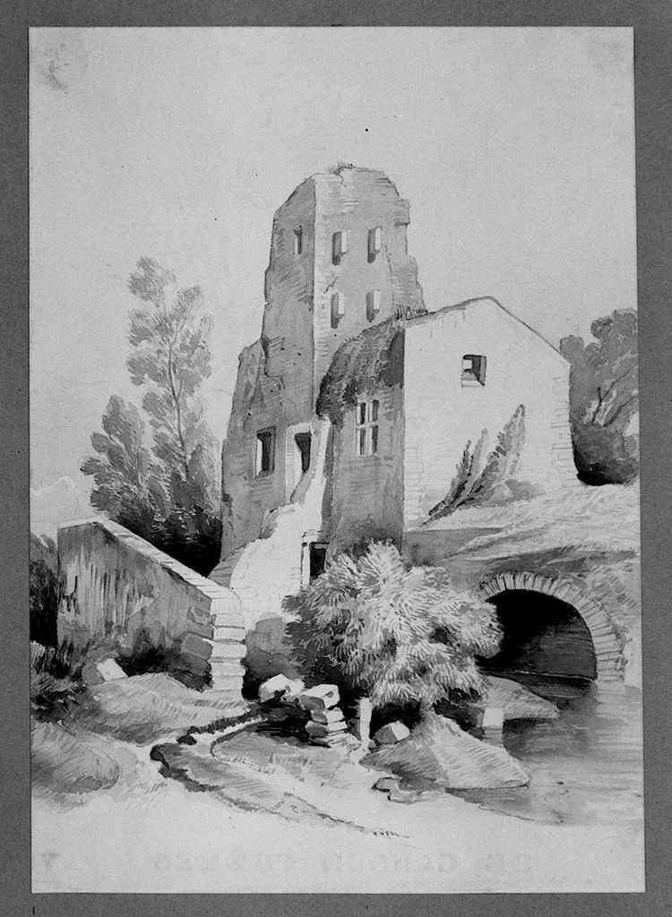 paesaggio con rovine (disegno) di Spadafora S (sec. XIX)