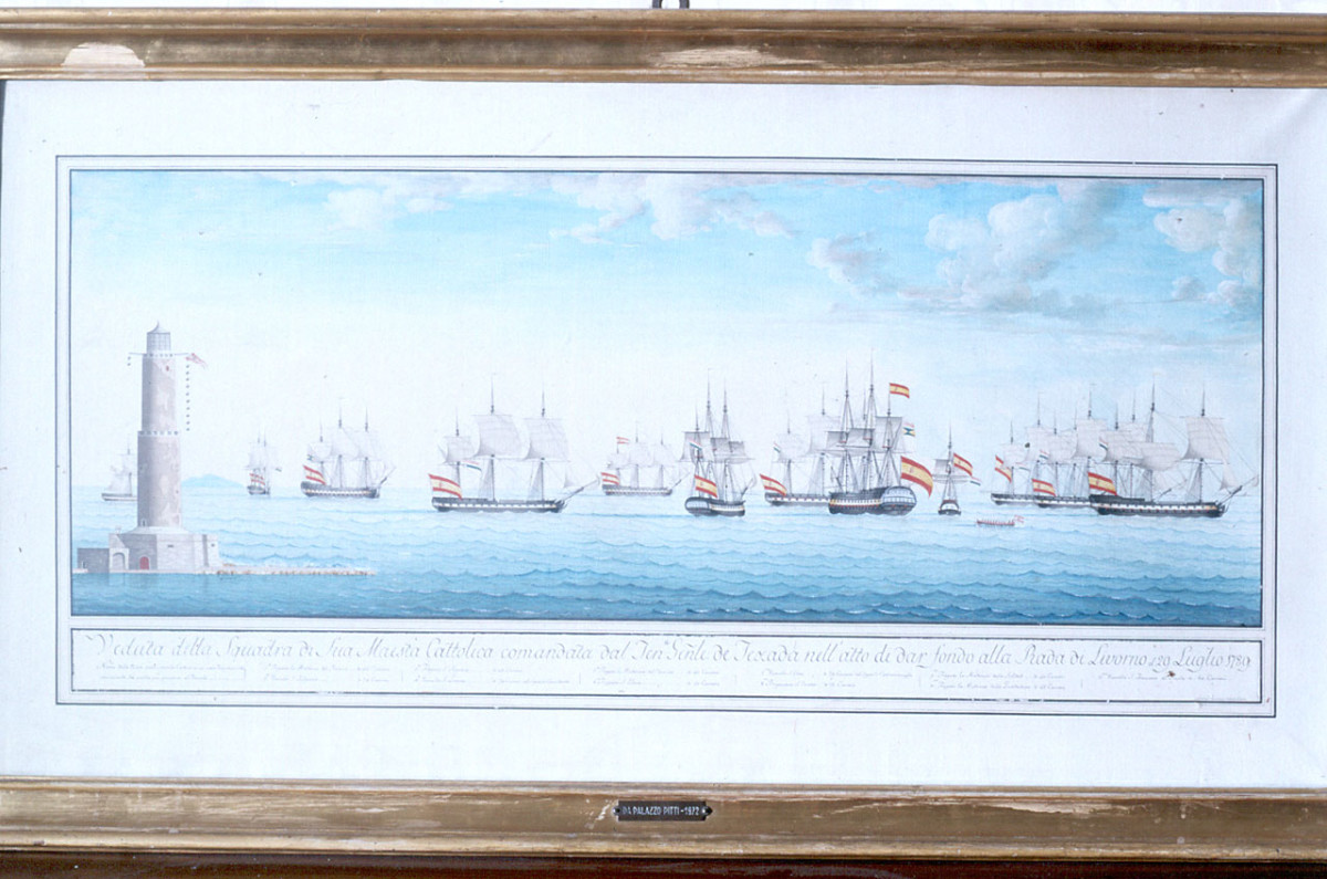 veduta della flotta spagnola nella rada di Livorno (stampa a colori) - ambito fiorentino (sec. XVIII)