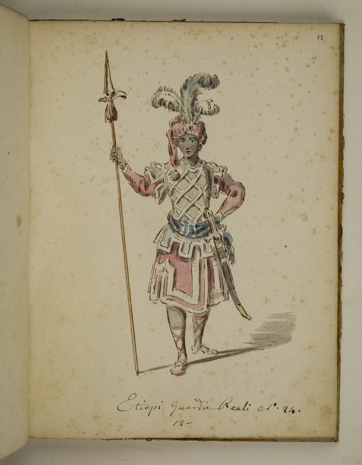 Etiopi Guardie Reali, figurino di costume teatrale per personaggi maschili nel ruolo di guardie reali etiopi (disegno) di Marini Leonardo (terzo quarto sec. XVIII)