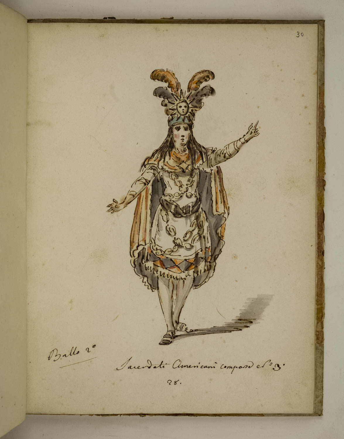 Sacerdoti americani comparse, figurino di costume teatrale per personaggi maschili nel ruolo di sacerdoti americani (disegno) di Marini Leonardo (terzo quarto sec. XVIII)