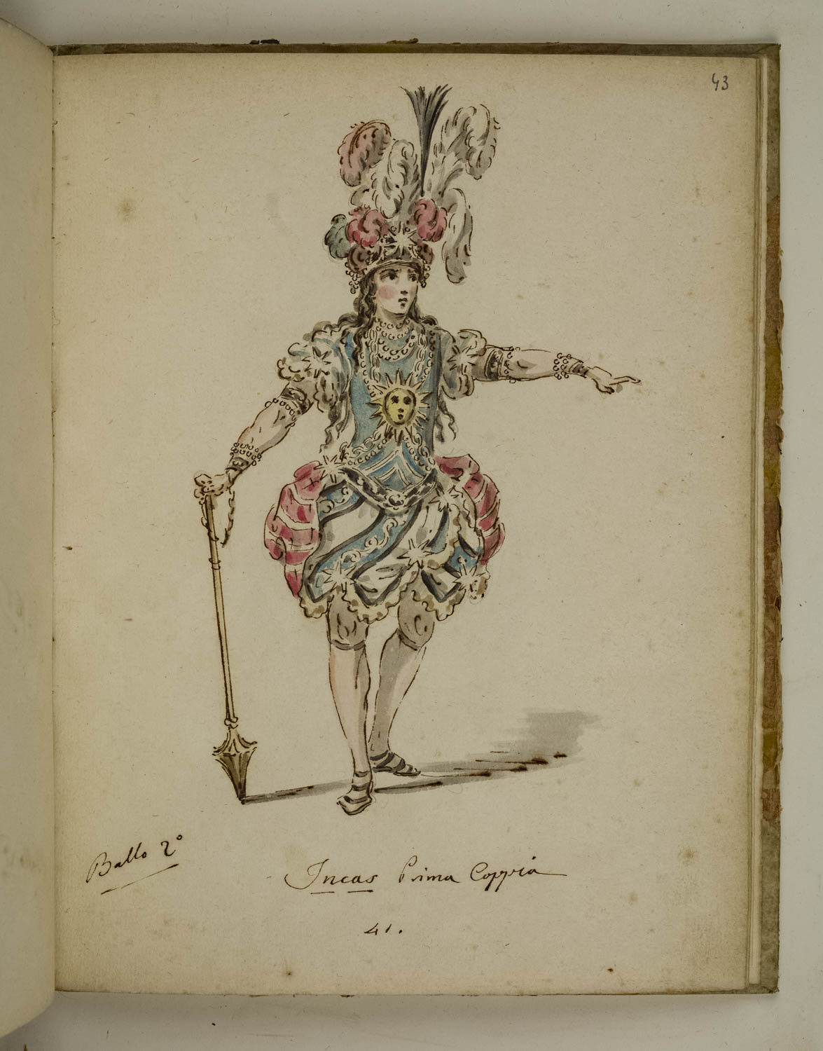 Incas, figurino di costume teatrale per personaggio maschile nel ruolo di un inca (disegno) di Marini Leonardo (terzo quarto sec. XVIII)