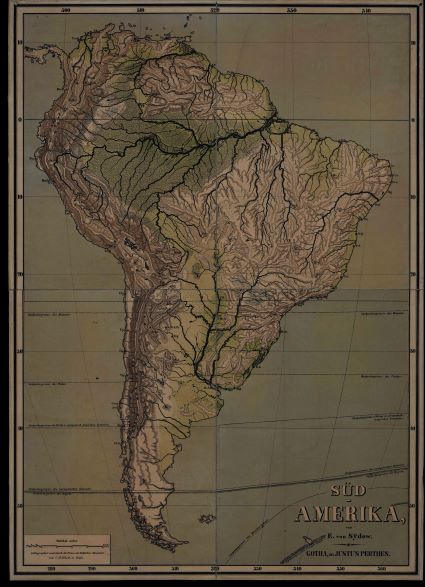 America del Sud fisica, carta fisica dell'America del Sud (carta murale) di Von Sydow Emil, Hellfahrt Carl Steindruckerei - ambito tedesco (terzo quarto XIX)
