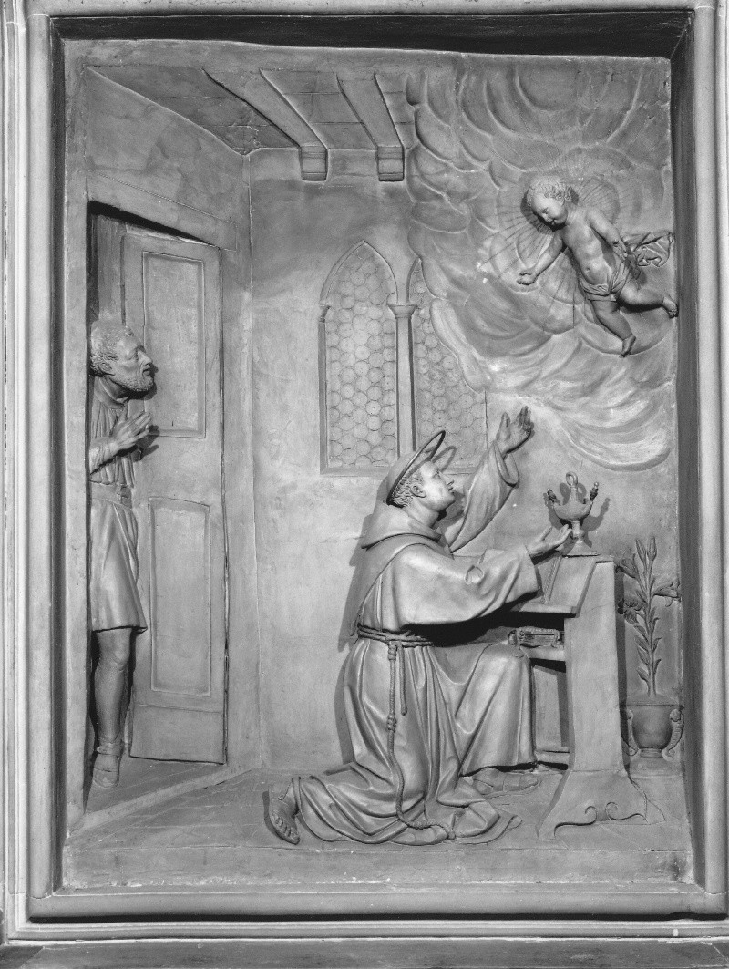 apparizione di Gesù Bambino a Sant'Antonio da Padova (rilievo) di Collina Francesco (sec. XIX)