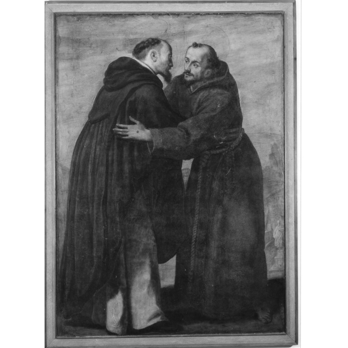 incontro tra San Francesco e San Domenico (dipinto murale) di Pagani Gregorio (ultimo quarto sec. XVI)