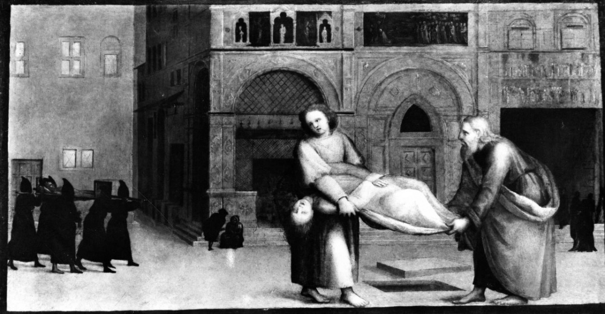 Tobia e Tobi seppelliscono un cadavere (scomparto di predella) di Ghirlandaio Ridolfo (sec. XVI)