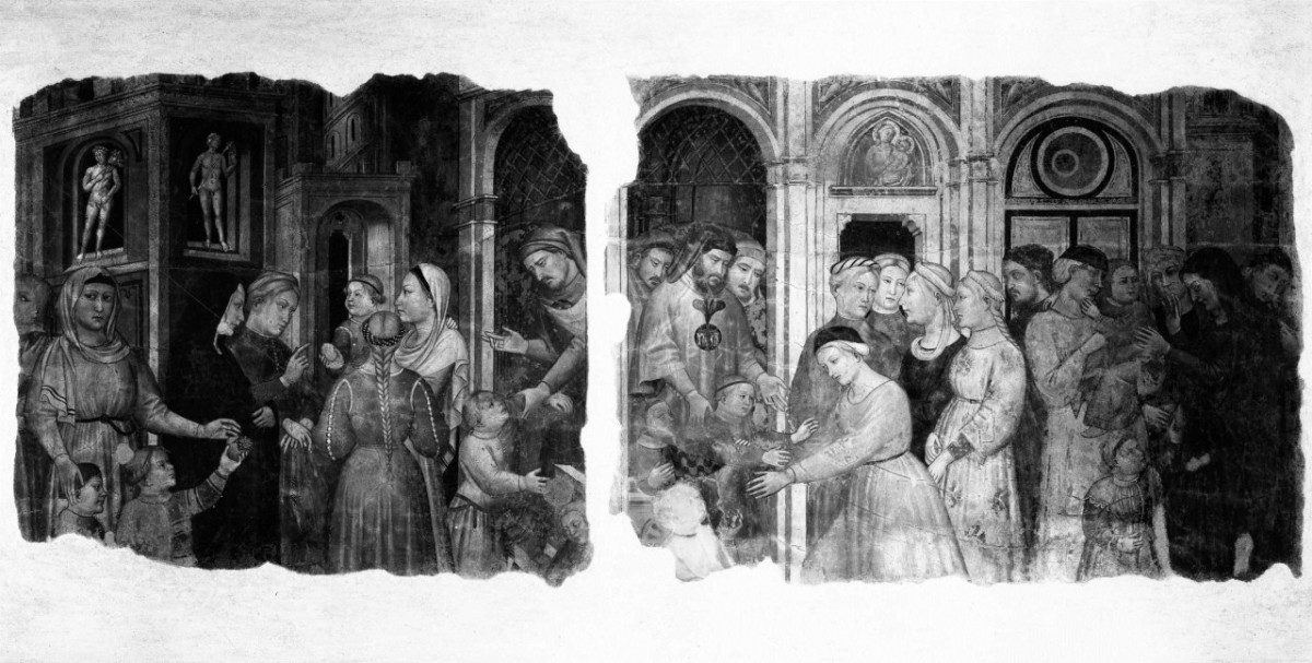 capitani della Misericordia affidano alle "madri" i fanciulli abbandonati e smarriti (dipinto murale staccato, frammento) di Gerini NiccolÃ² di Pietro, Ambrogio di Baldese (sec. XIV)