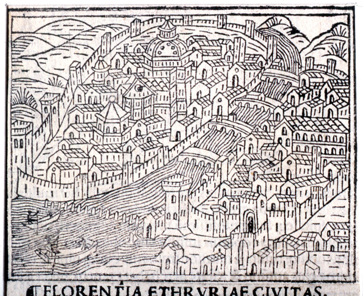 veduta panoramica di Firenze (stampa) - ambito italiano (ultimo quarto sec. XV)