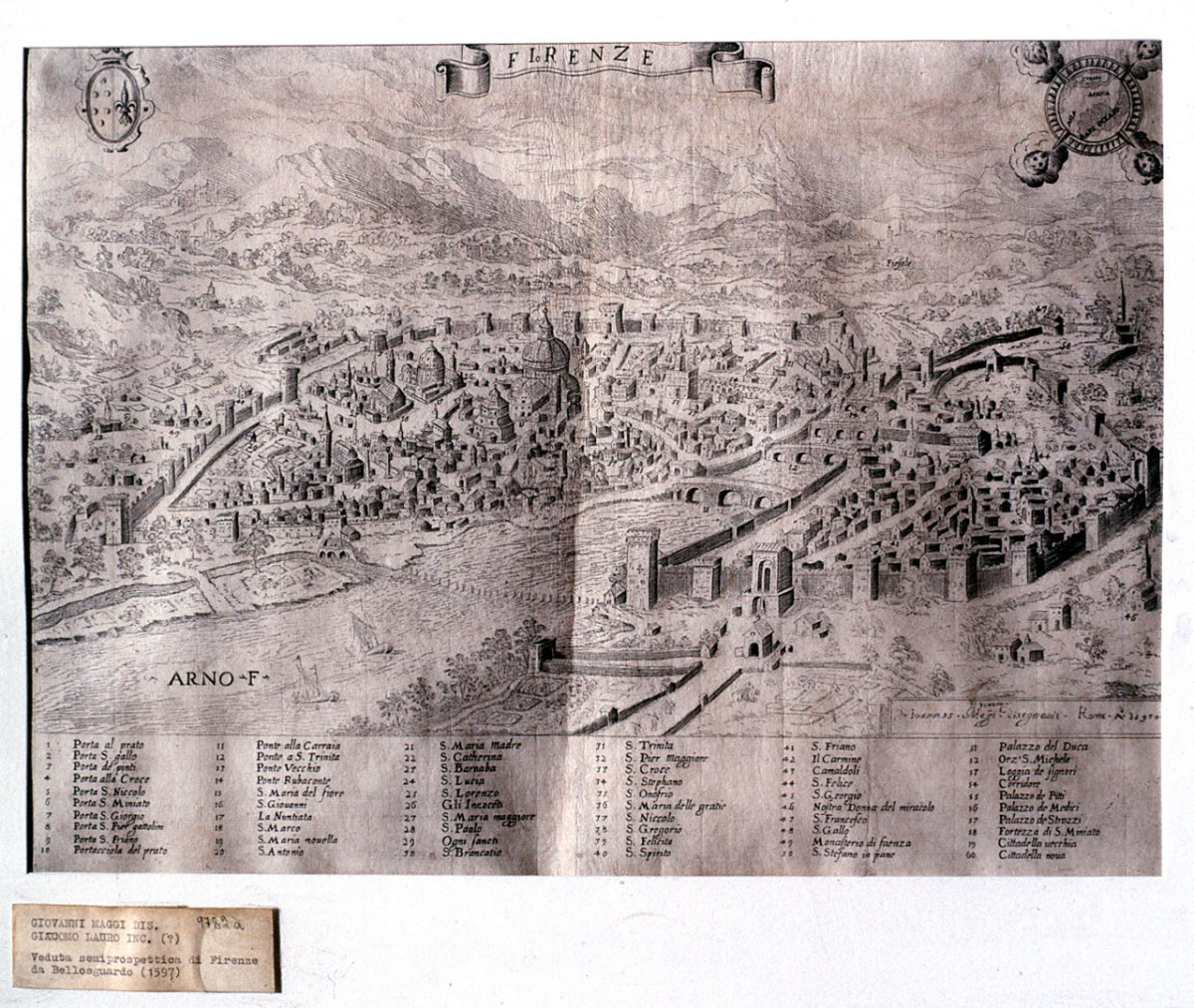 veduta di Firenze ripresa da Bellosguardo (stampa) di Maggi Giovanni, Lauro Giacomo (ultimo quarto sec. XVI)