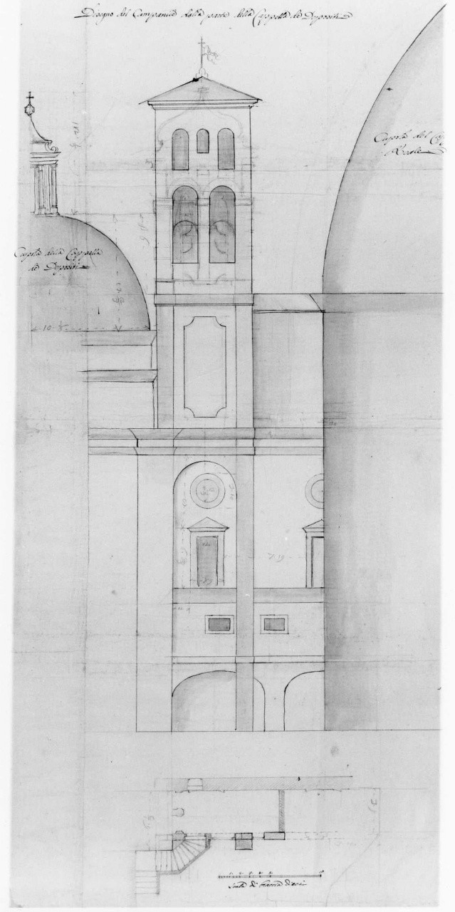 Disegno del Campanile della parte della Cappella de Depositi, architettura (disegno) di Ruggieri Ferdinando (attribuito) (seconda metà sec. XVIII)