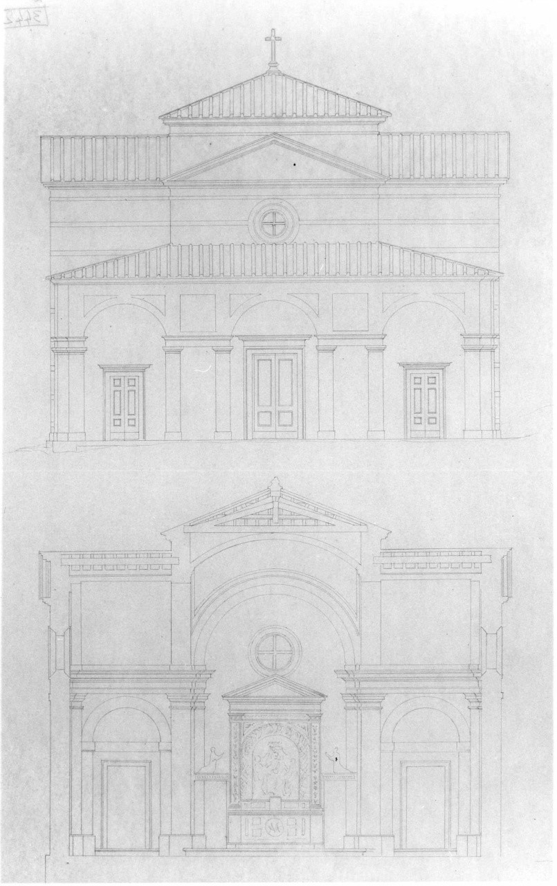 prospetto della facciata e dell'abside (disegno) di Corinti Corinto (sec. XIX)