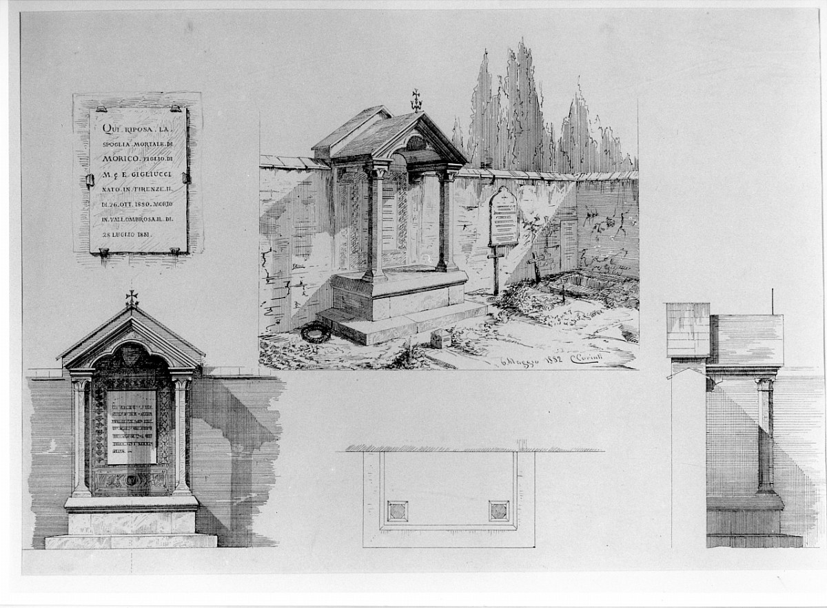 prospettiva, prospetto, pianta, sezione di cappella funeraria e lapide (stampa) di Corinti Corinto - ambito fiorentino (sec. XIX)