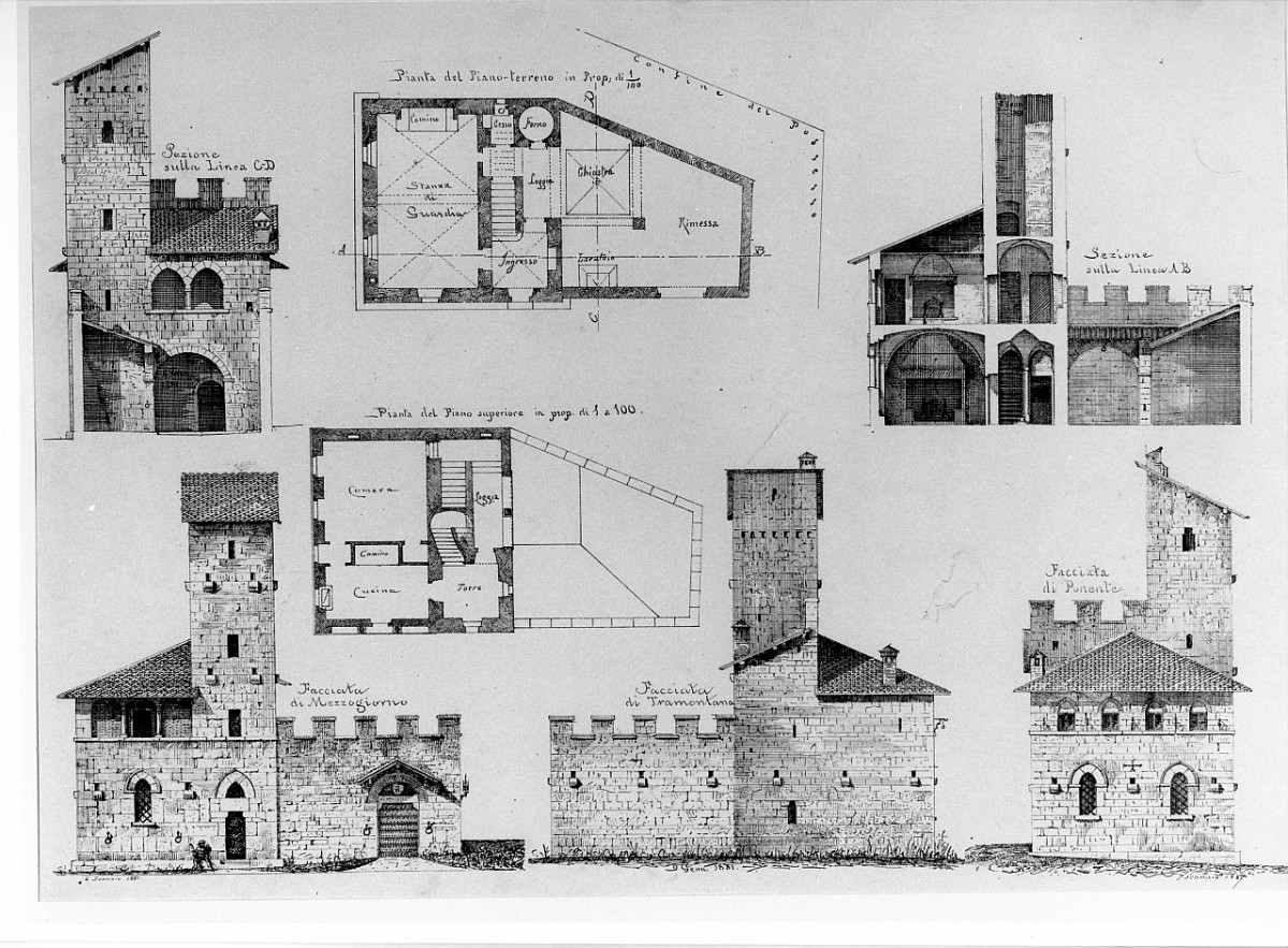 prospetto, pianta e sezione di una casaforte o torre di guardia (stampa) di Corinti Corinto - ambito fiorentino (sec. XIX)