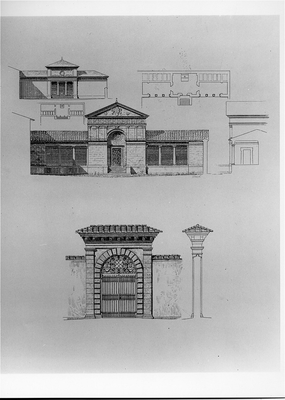 prospetto sezione e pianta della cappella/ prospetto e sezione del portale (stampa, serie) di Corinti Corinto - ambito fiorentino (sec. XX)