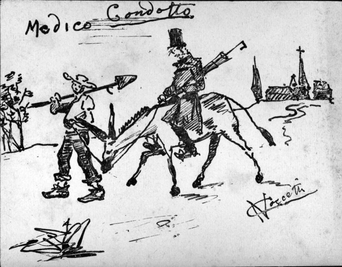 Medico condotto, scena campestre con figure (stampa) di Coccetti Napoleone (sec. XIX)