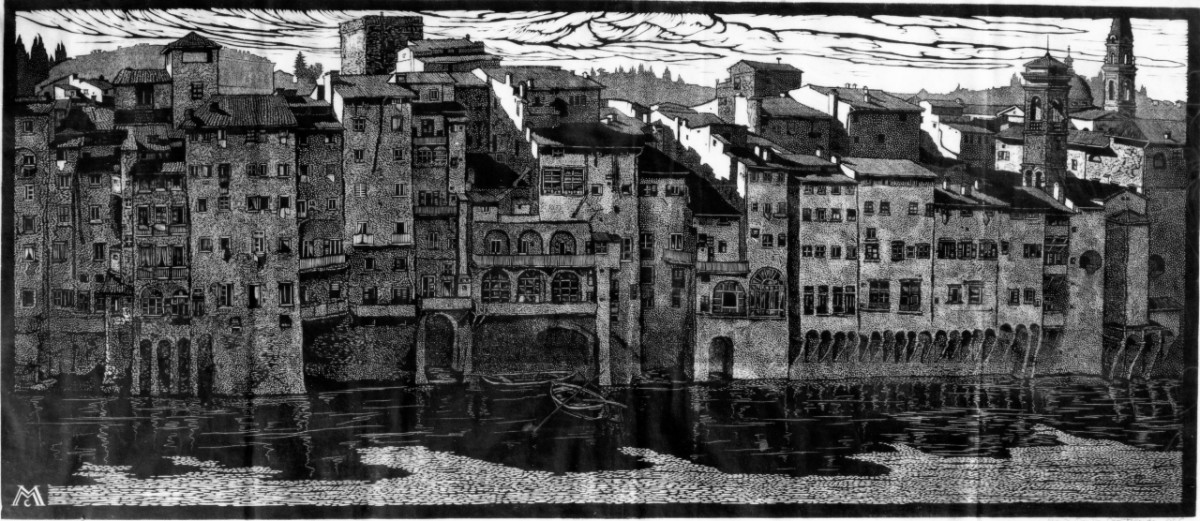 veduta delle case di borgo S. Jacopo sull' Arno a Firenze (stampa) di Monteverde Maria Cecilia (secondo quarto sec. XX)