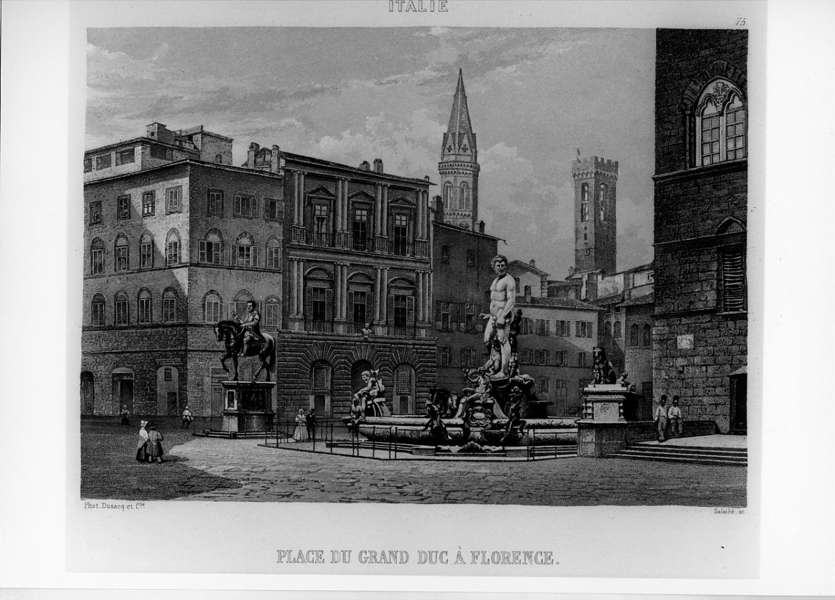veduta di piazza Signoria a Firenze (stampa) di SalathÃ© Friedrich (metà sec. XIX)