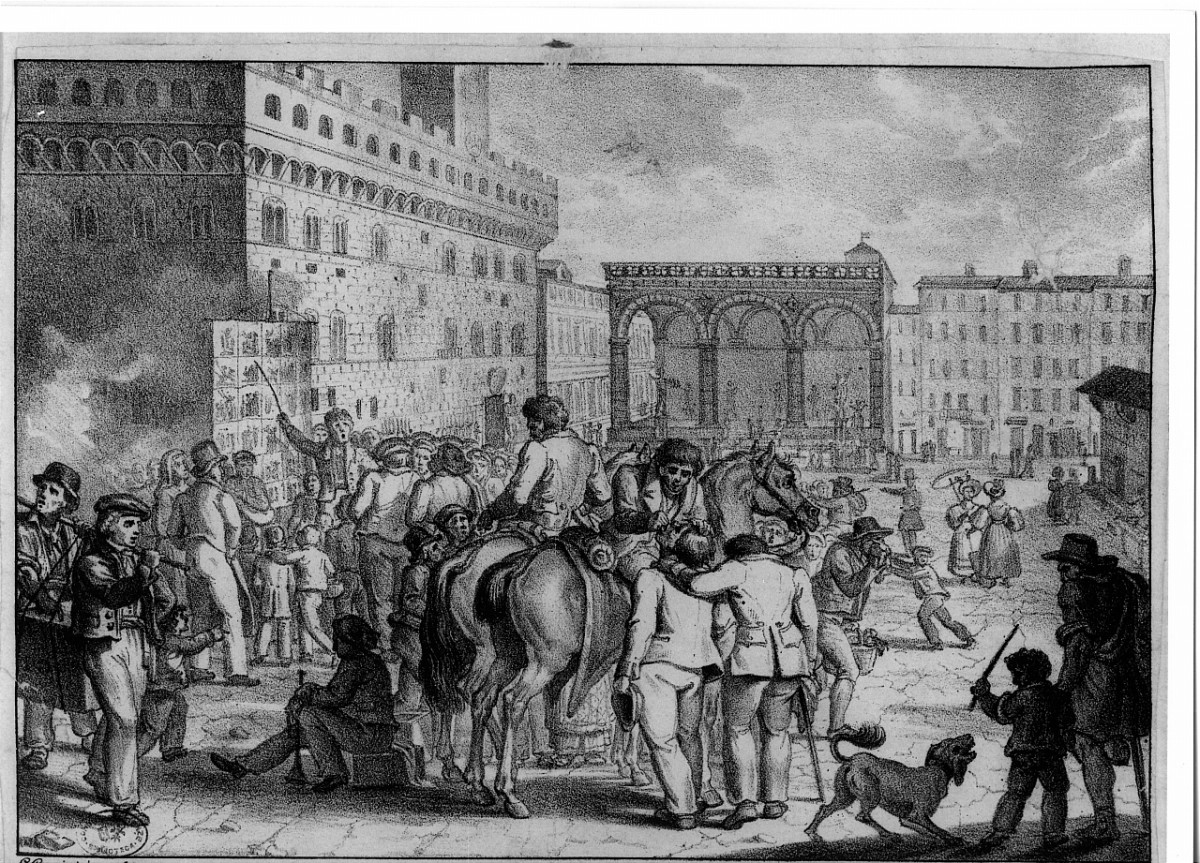 scena di genere in piazza Signoria a Firenze (stampa) di Gozzini Giuseppe (prima metà sec. XIX)