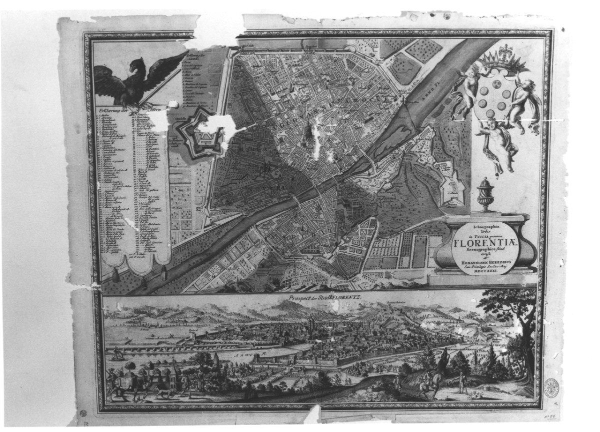 pianta topografica della città di Firenze e veduta di Bellosguardo (stampa a colori) di Homann Johann Baptista (scuola) (sec. XVIII)